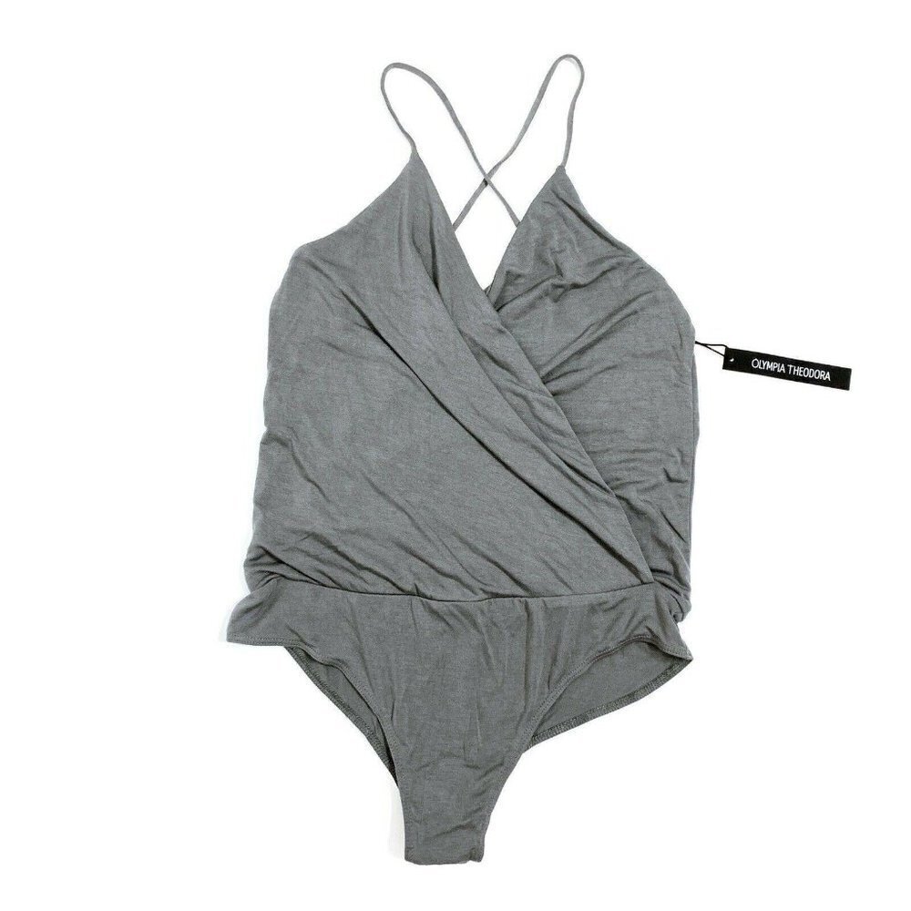 Olympia Theodora Bodysuit‎ Large Women's Gray V Neck Spaghetti Straps NWT